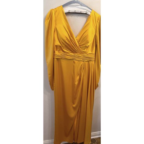 Mac Duggal 12404 FAUX WRAP  A LINE GOWN Formal Dress in Marigold size 14 - Picture 14 of 16